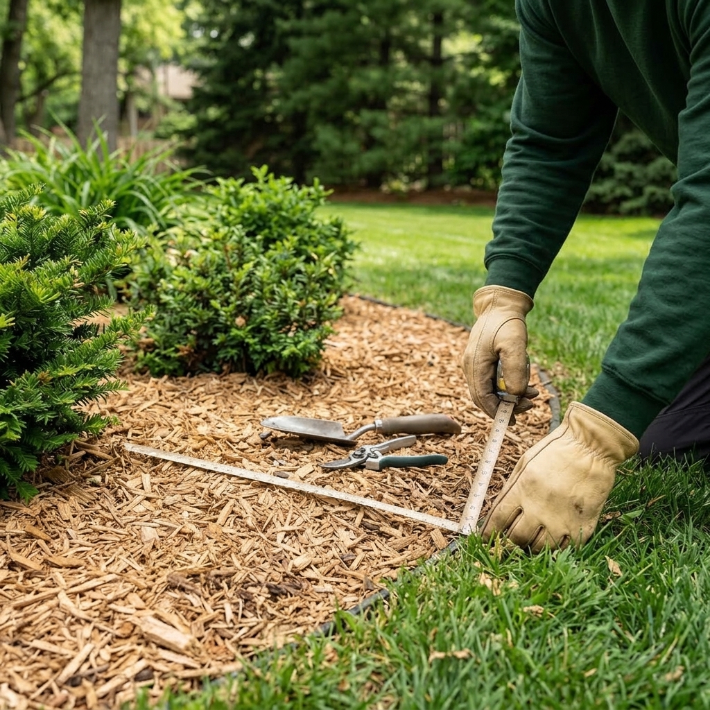 Landscape planning tools beside a residential lawn edge