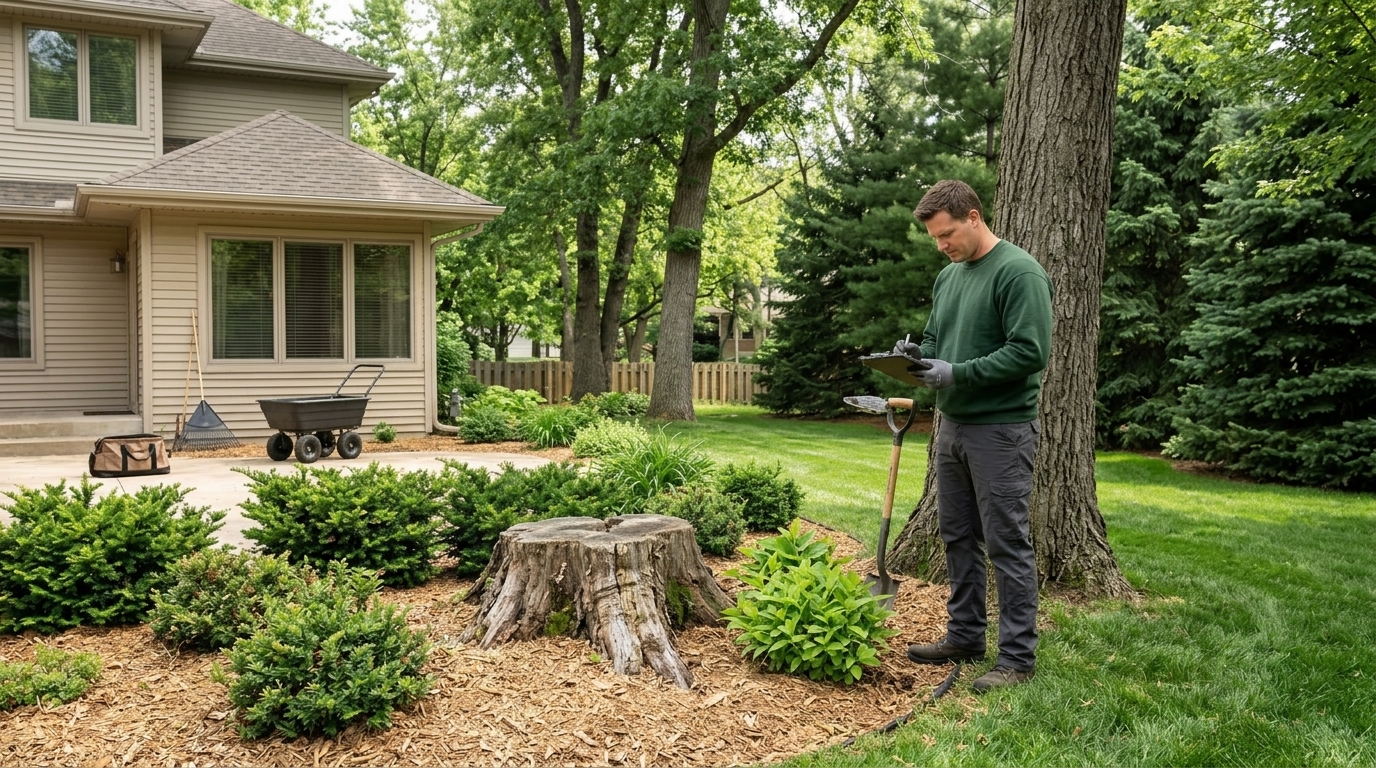 Landscape professional assessing a residential lawn, tree, and stump