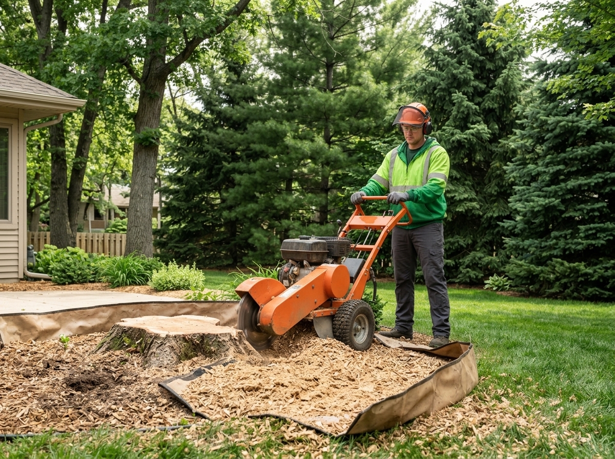 Residential stump grinding with safe equipment access