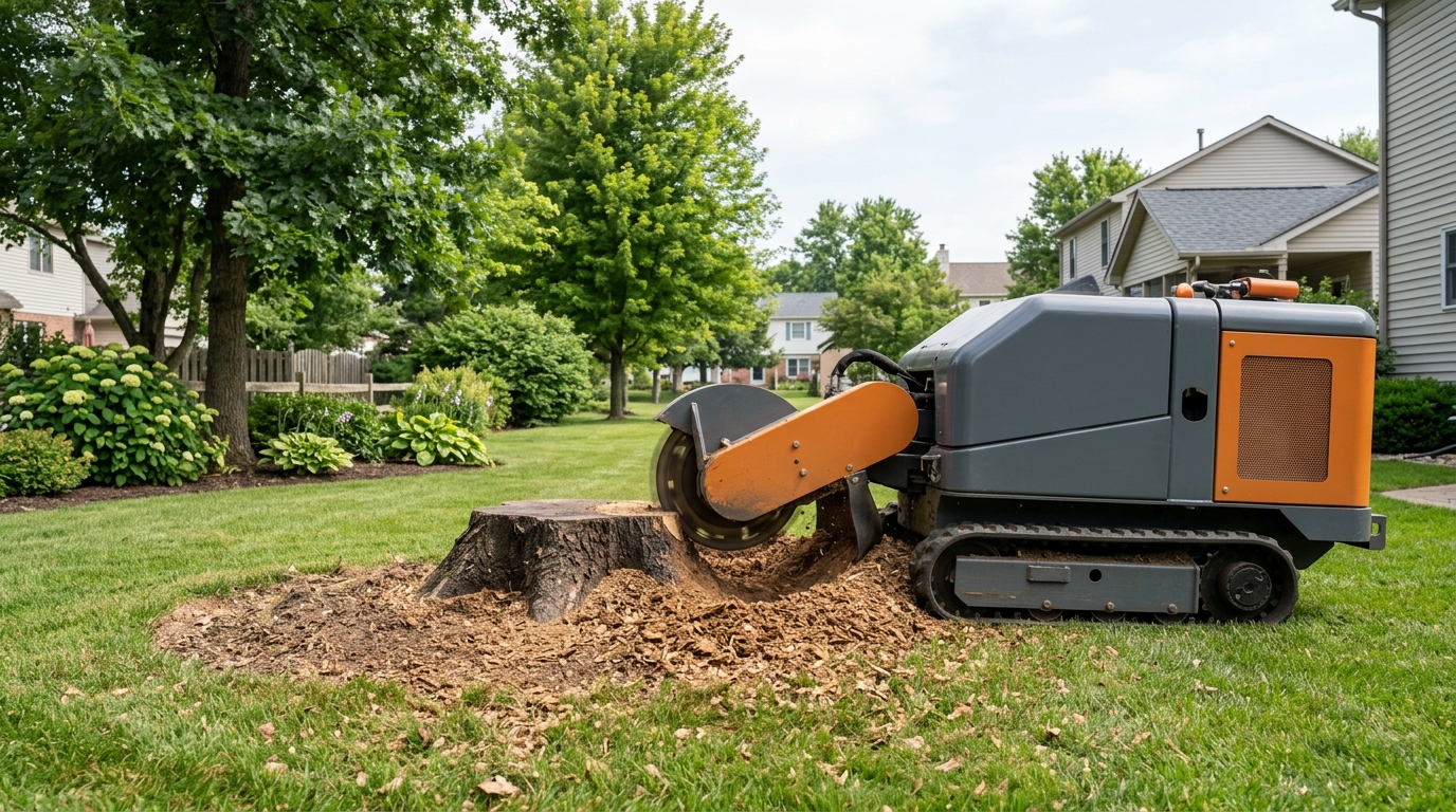 Professional stump grinding in a residential lawn