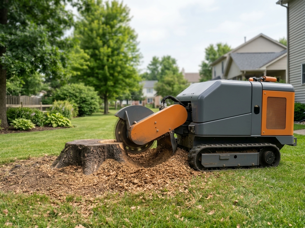 Stump grinder removing a tree stump from a residential lawn